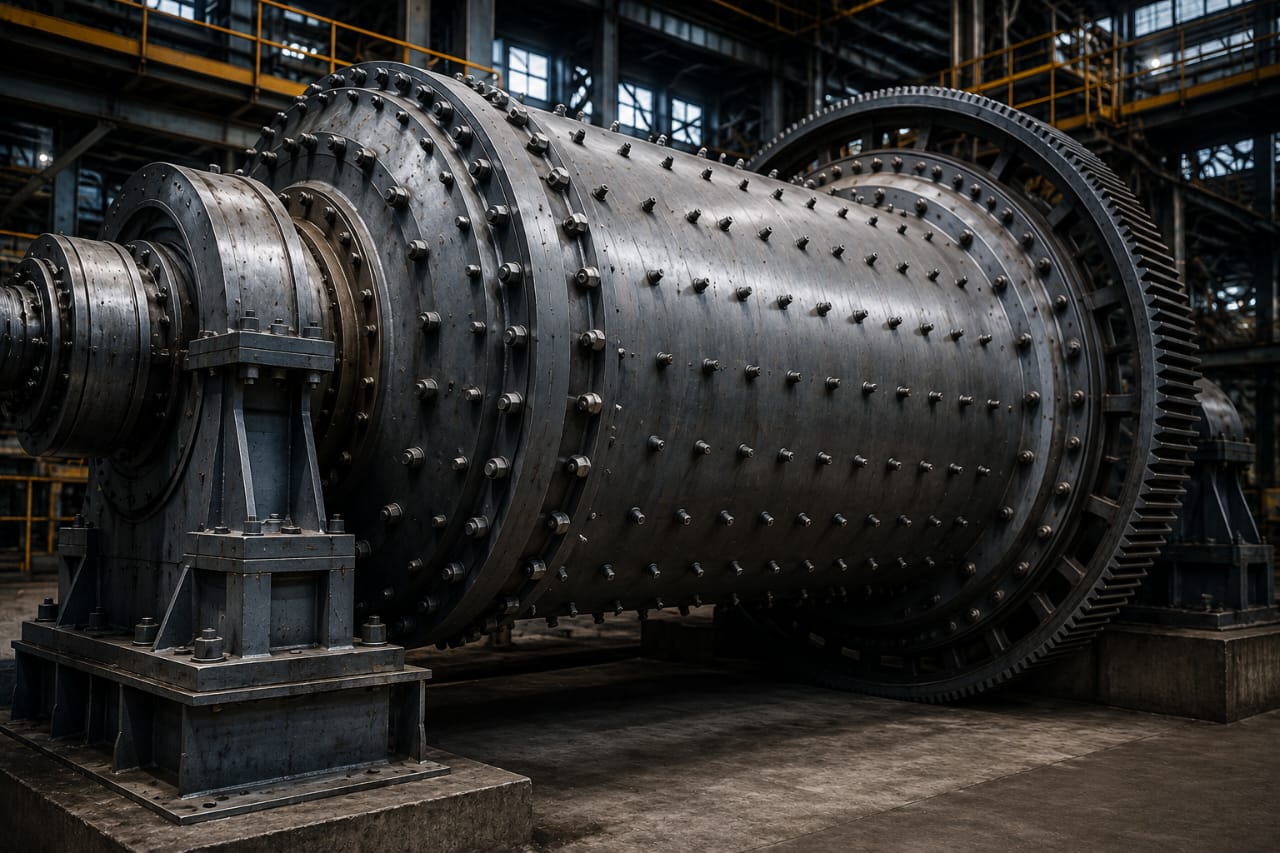 Industrial ball mill secured with engineered bolted assemblies