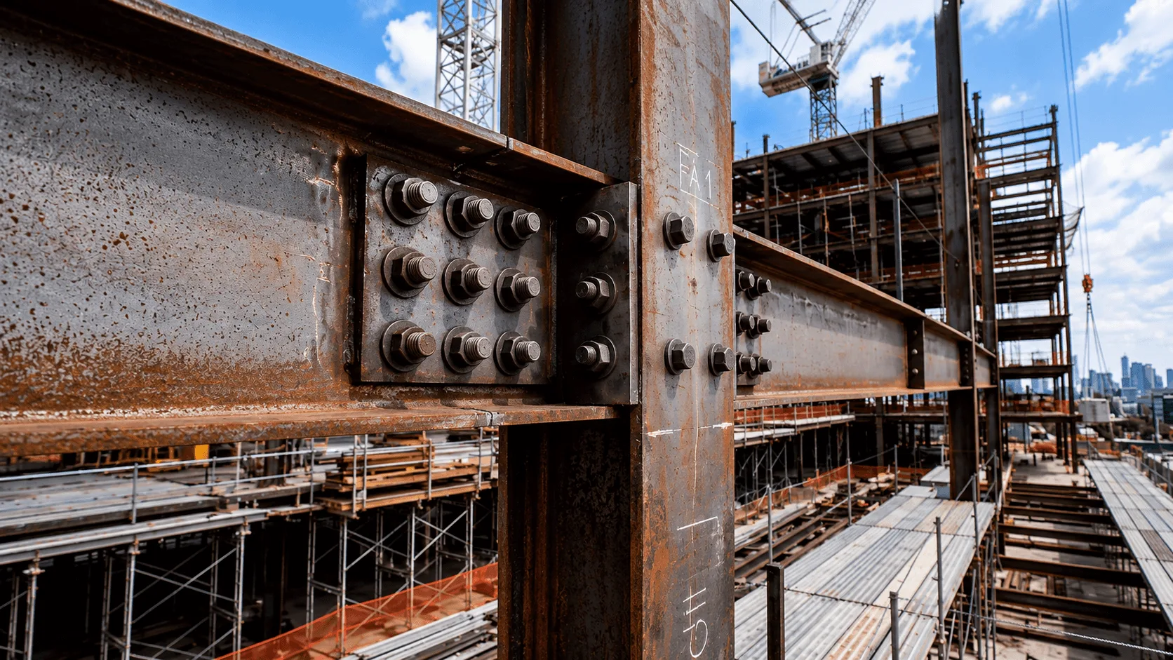 Structural steel connection bolted on an active construction site